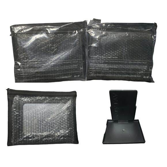 Mary Kay Portable Black Travel Makeup Pop Up Mirror & Zip Mesh Bag Set of 2 NEW - Picture 1 of 8
